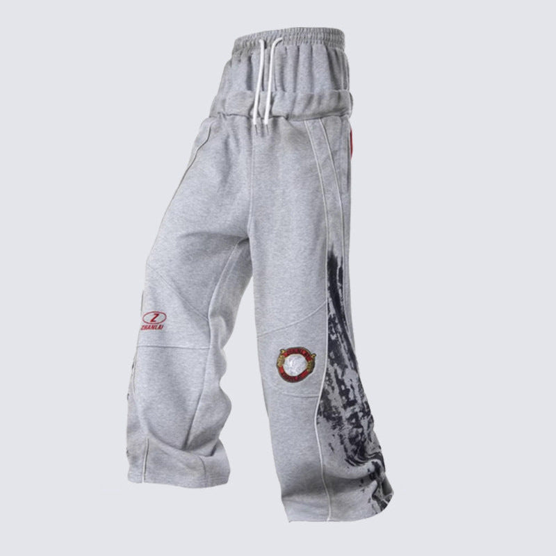 Double Waist Contrast Panel Embroidery Wide Leg Sweatpants WN28111