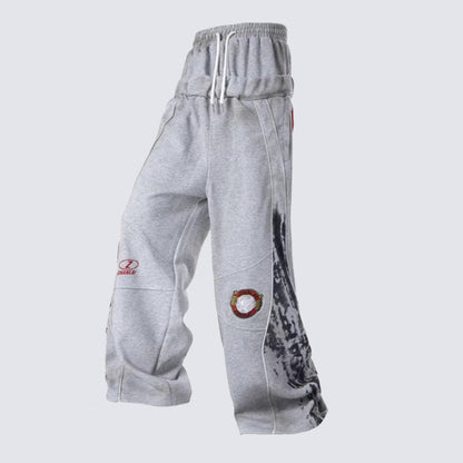 Double Waist Contrast Panel Embroidery Wide Leg Sweatpants WN28111