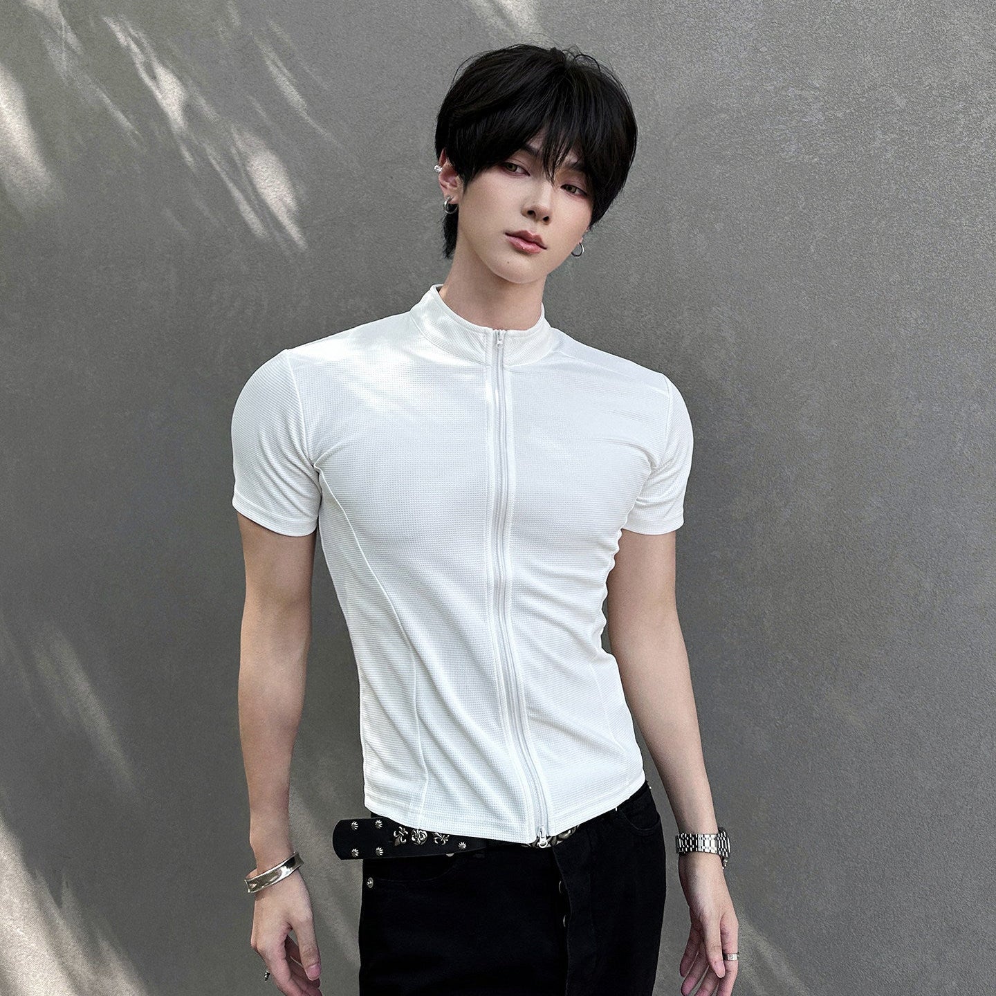 Solid Color Zipper Short Sleeve T-Shirt WN25042