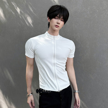 Solid Color Zipper Short Sleeve T-Shirt WN25042