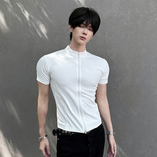 Solid Color Zipper Short Sleeve T-Shirt WN25042