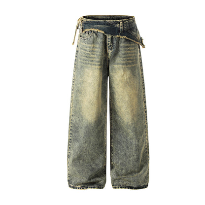 Washed Frayed Wide Leg Straight Denim Jeans WN23039