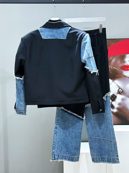 Deconstructed Fringe Patchwork Short Jacket & Straight Denim Jeans Setup WN23904