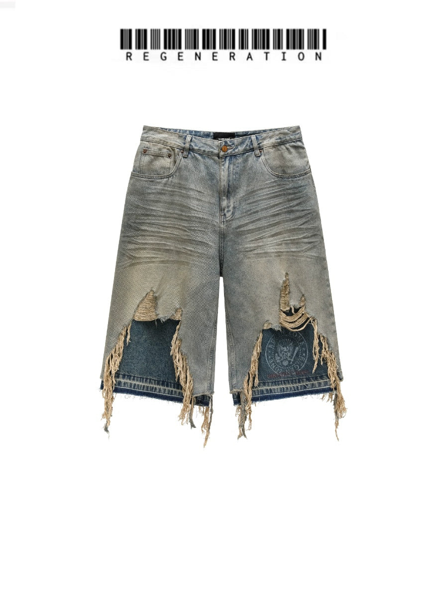 Washed Whisker Patchwork Half Denim Jeans WN19687