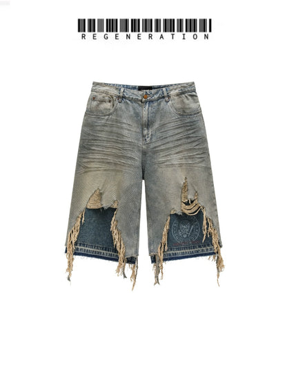 Washed Whisker Patchwork Half Denim Jeans WN19687