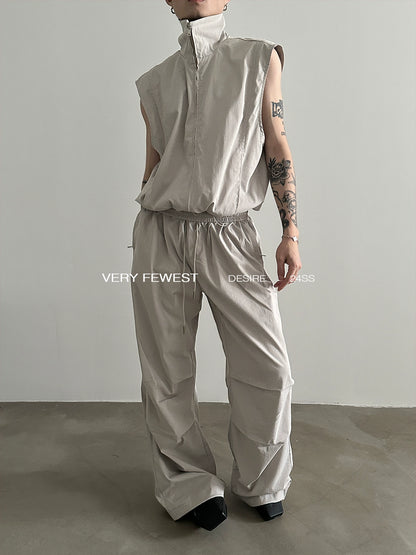 Stand Neck Sporty Vest & Pleated Wide Leg Pants Setup WN8893