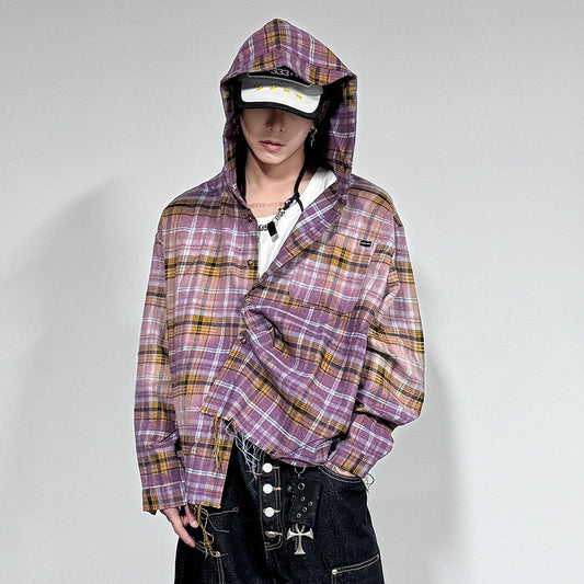 Gradient Plaid Hooded Long Sleeve Shirt WN22935