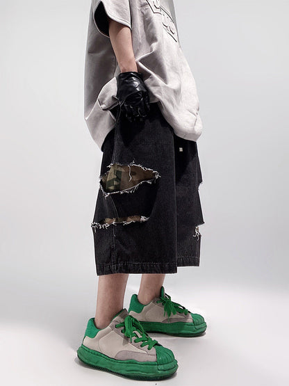 Damage Wide Leg Denim Half Jeans WN24013