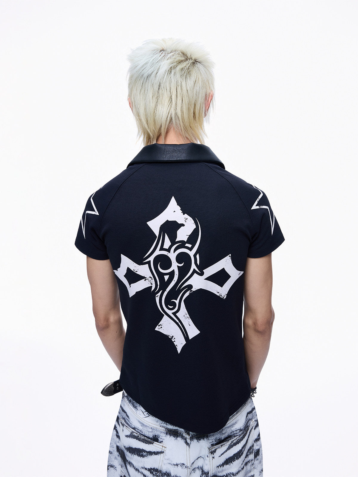 Contrast Panel Print Polo Collar Short Sleeve T-Shirt WN27291