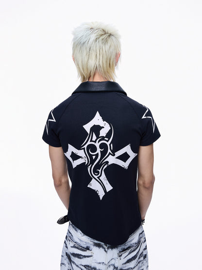 Contrast Panel Print Polo Collar Short Sleeve T-Shirt WN27291
