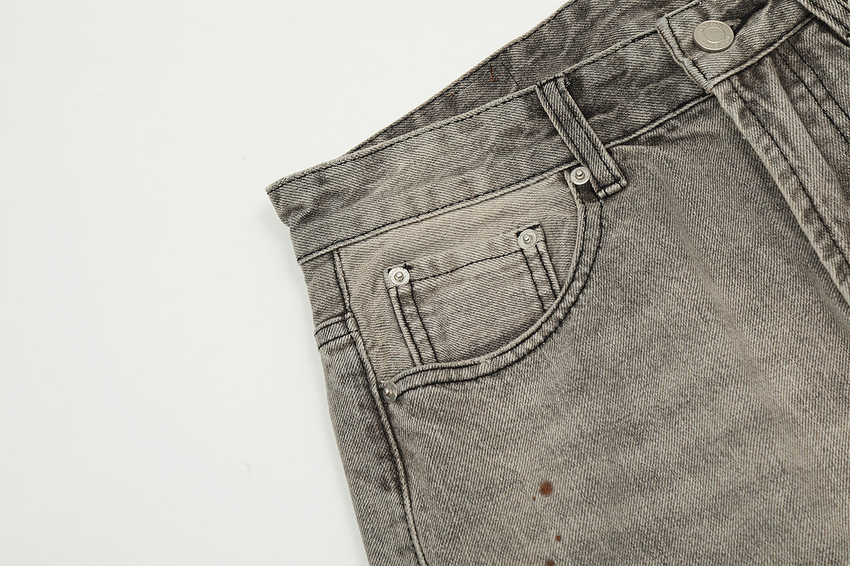 Washed Damage Straight Wide Leg Denim Jeans WN25672
