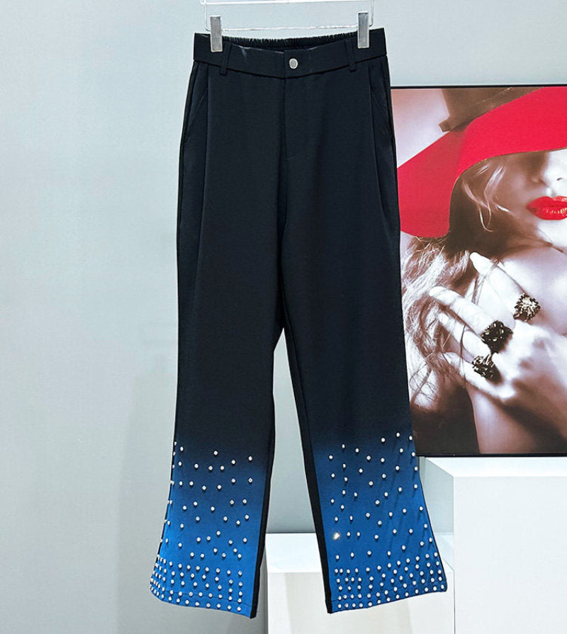 Rhinestone Chain Short Tailored Jacket & Spray Print Micro Flare Trousers Setup WN23937