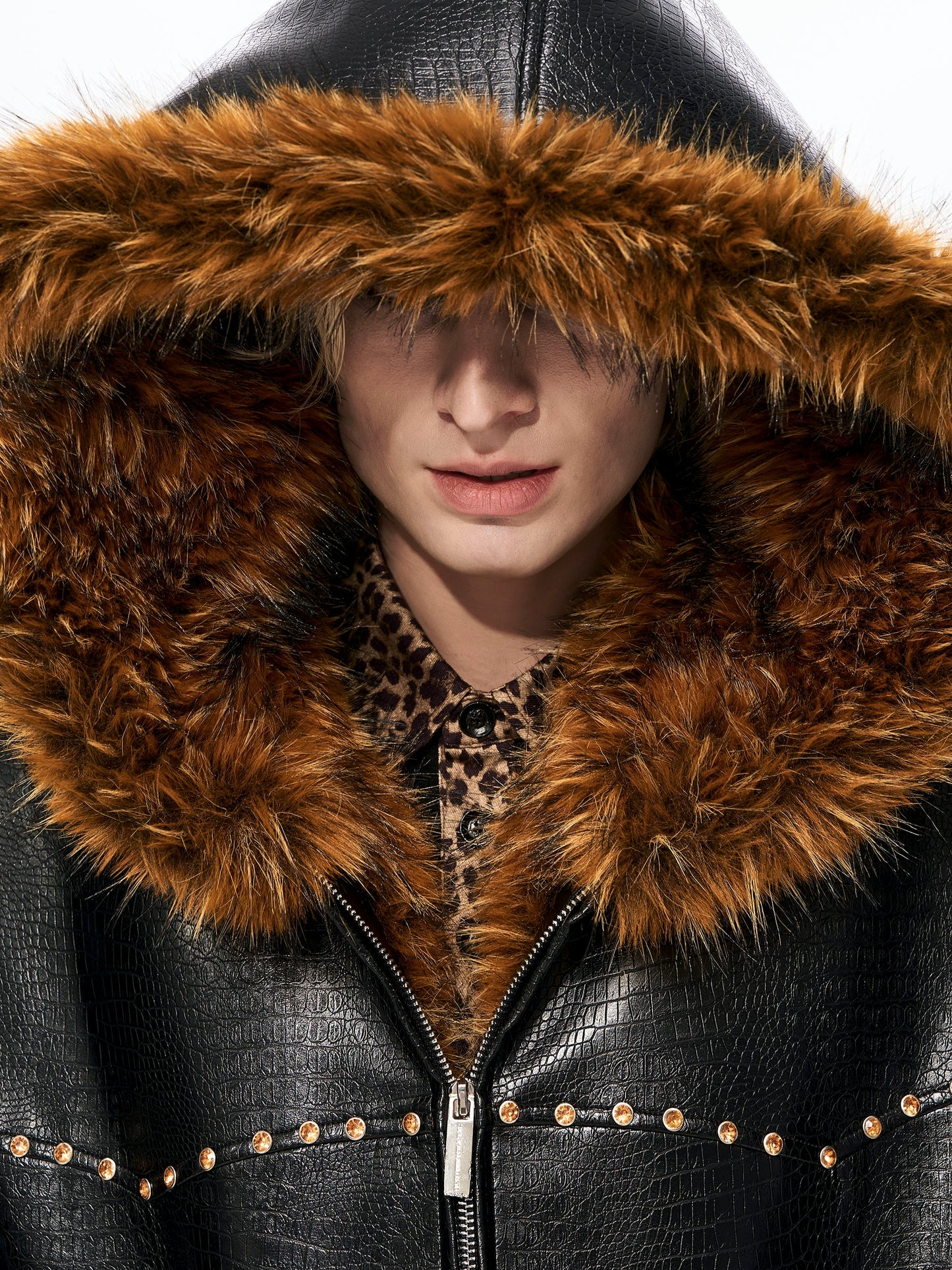 Snake Pattern Fake Fur Hooded Short PU Leather Jacket WN22161