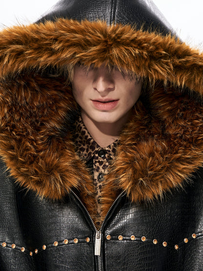 Snake Pattern Fake Fur Hooded Short PU Leather Jacket WN22161