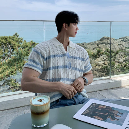 Cable Stripe Knit Lapel Short Sleeve Polo Shirt WN20322