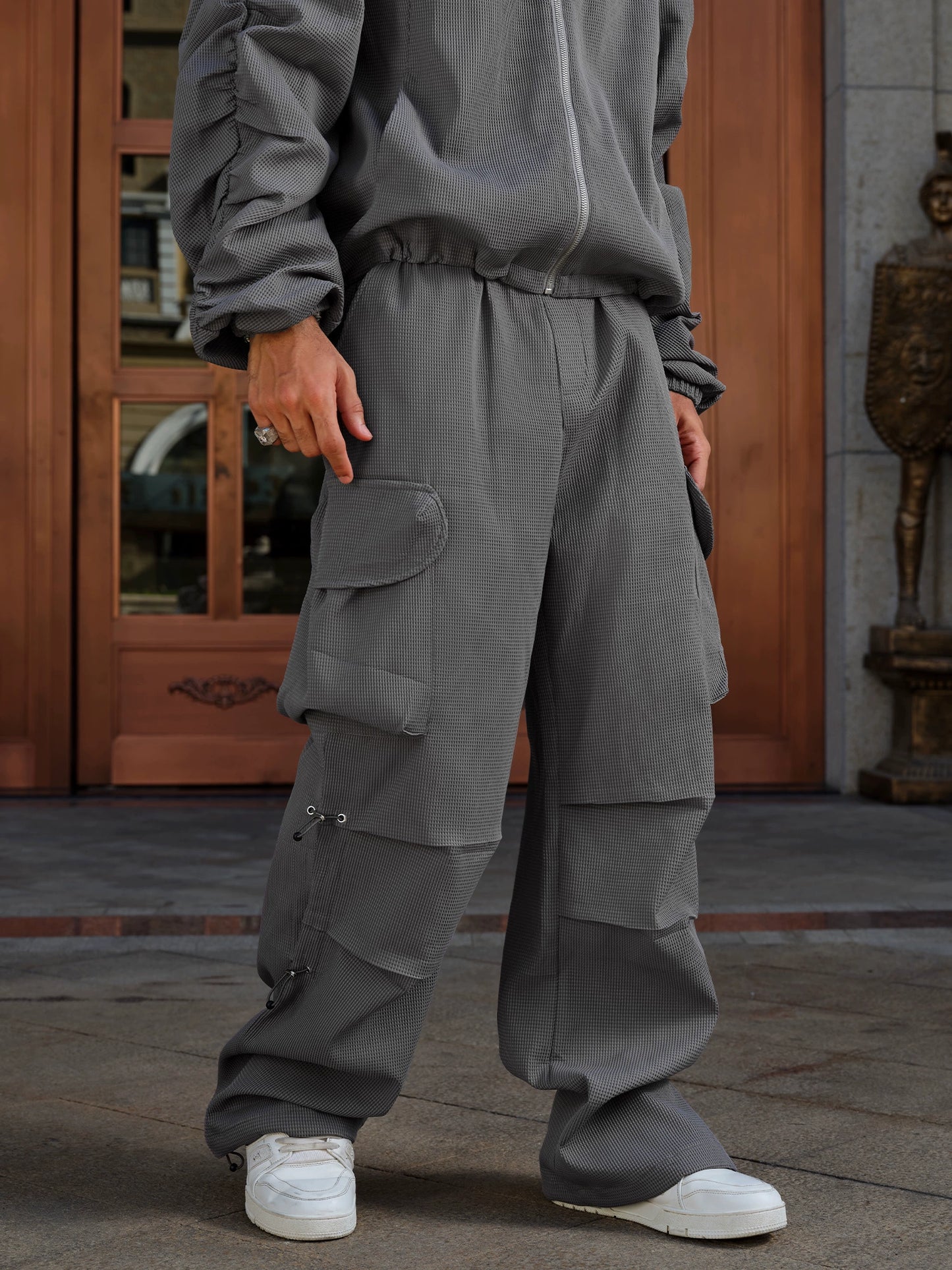 Stand Neck Split Jacket & Wide-leg Cargo Pants Setup WN11978