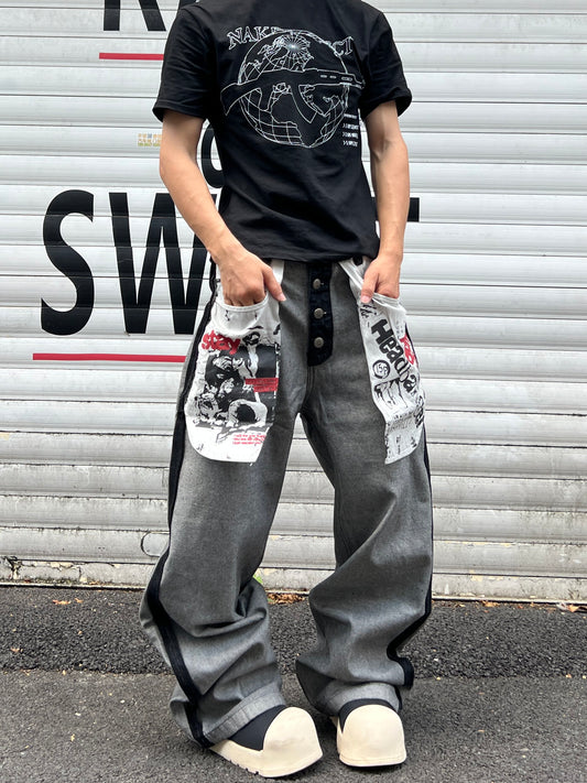 Print Contrast Panel Button Fly Wide Leg Denim Jeans WN24038