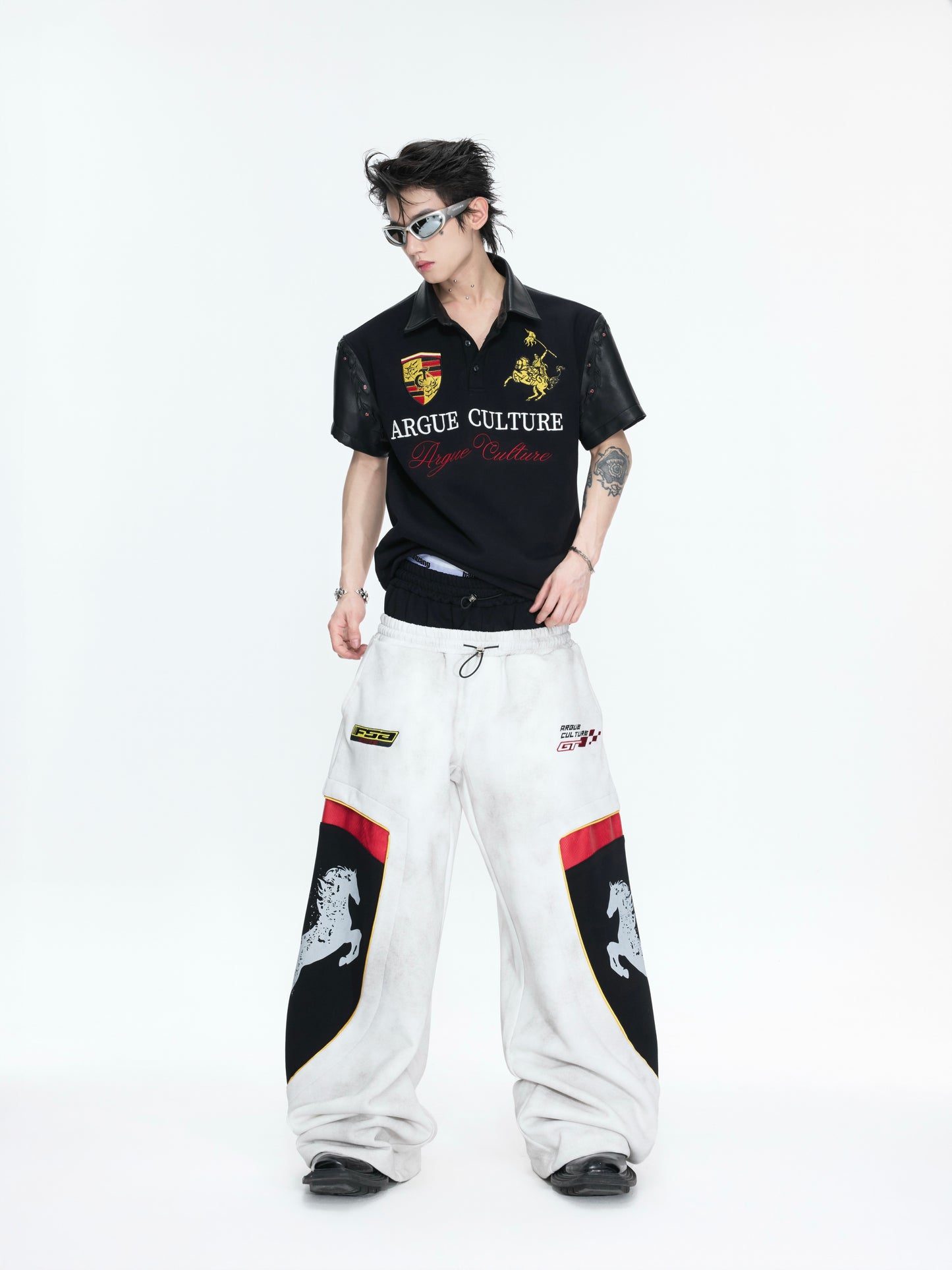 PU Leather Patchwork Embroidery Stud Short Sleeve T-Shirt WN26982
