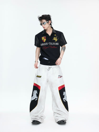 PU Leather Patchwork Embroidery Stud Short Sleeve T-Shirt WN26982