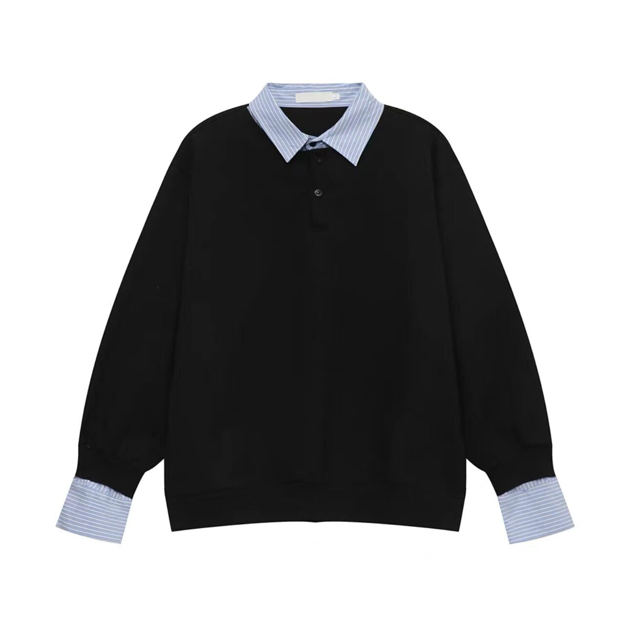 Fake Layered Striped Shirt-Collar Fleece Lining Oversize Long Sleeve T-Shirt WN25251