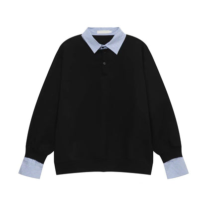 Fake Layered Striped Shirt-Collar Fleece Lining Oversize Long Sleeve T-Shirt WN25251