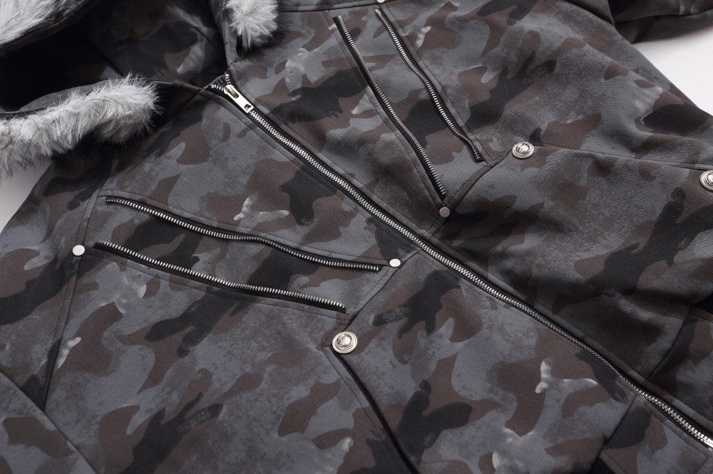 Camouflage Fake Fur Collar Multi-Zipper Short Puffer Jacket WN27891