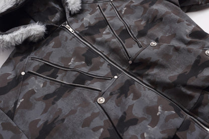 Camouflage Fake Fur Collar Multi-Zipper Short Puffer Jacket WN27891