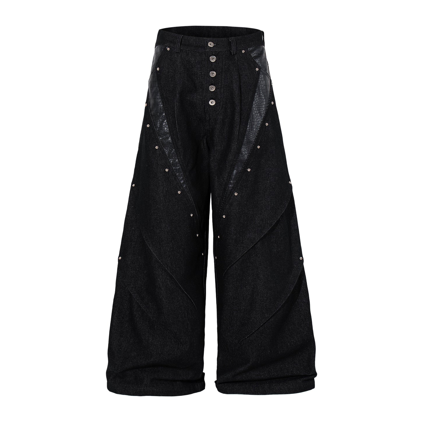 Studs PU Leather Panel Wide Leg Denim Jeans WN25799