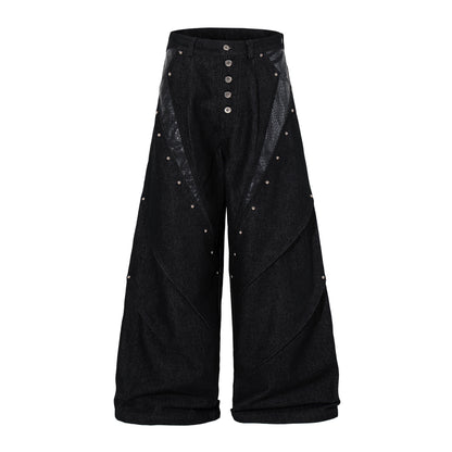 Studs PU Leather Panel Wide Leg Denim Jeans WN25799