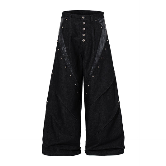 Studs PU Leather Panel Wide Leg Denim Jeans WN25799