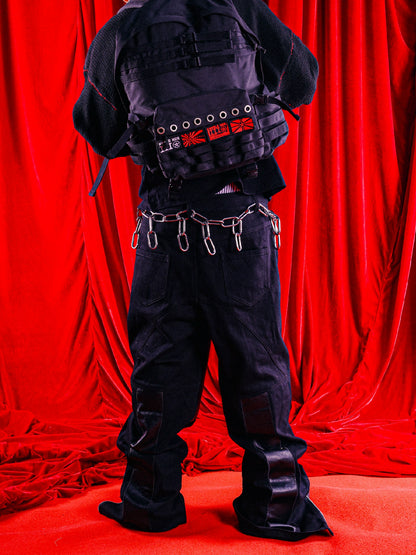 PU Leather Mix Zipper Design Wide Leg Pants WN17205