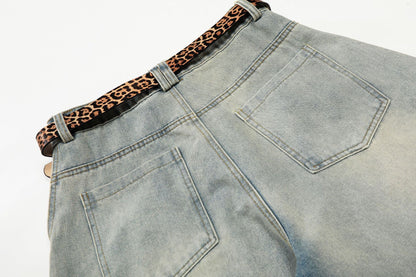 Washed Damage Panel Curved Denim Jeans WN25530