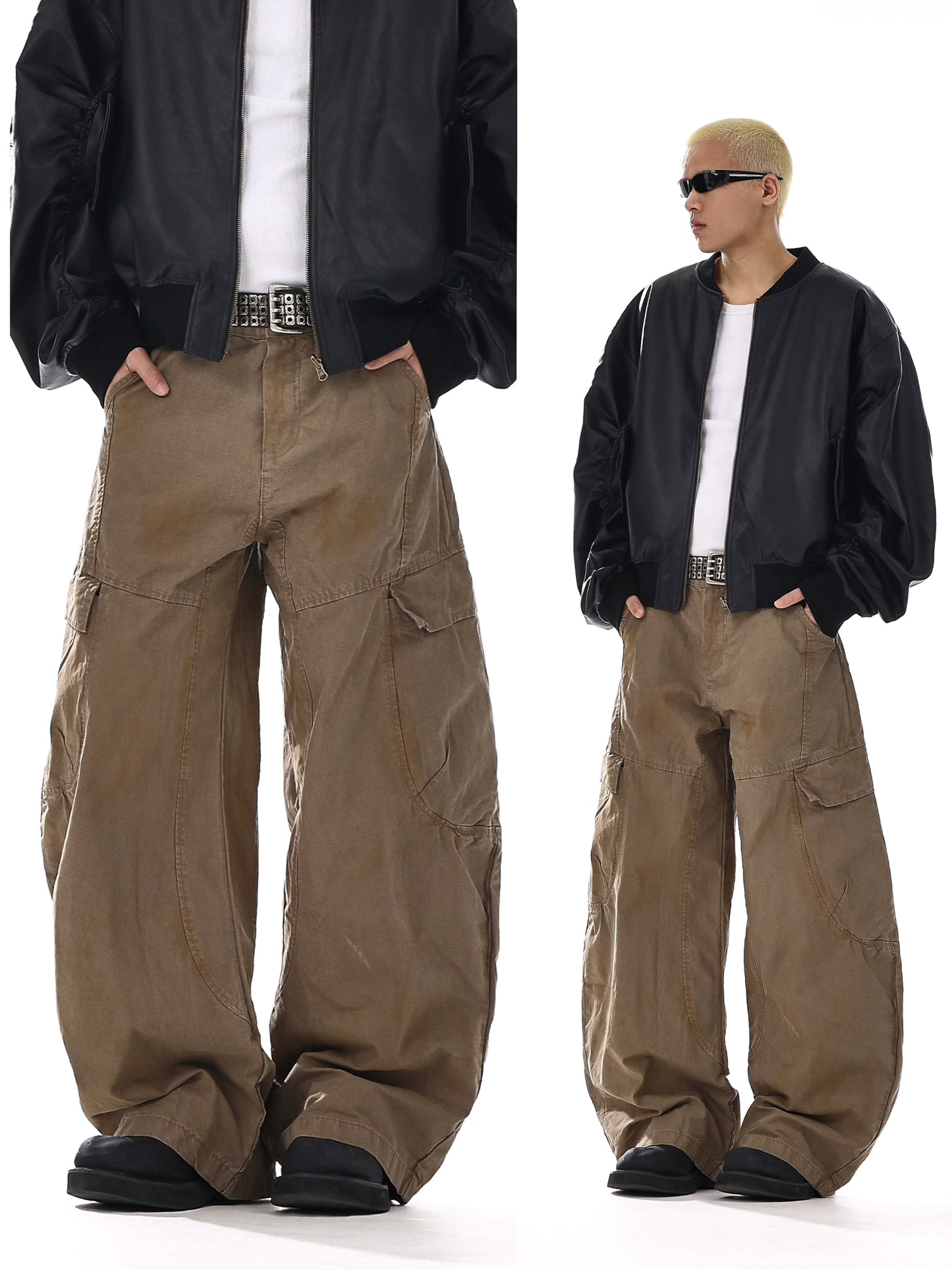 Washed Pleats Multi-Pocket Wide-Leg Straight Cargo Pants WN15138