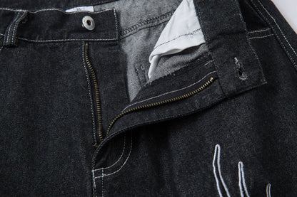 Graphic Embroidery Wide Leg Denim Jeans WN16200