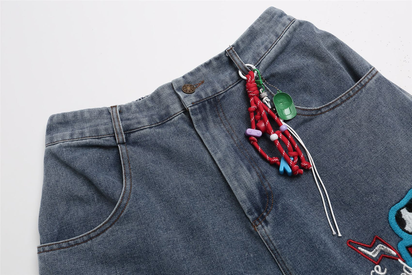 Cartoon Embroidery Wide Leg Denim Jeans WN26946