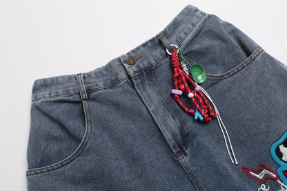Cartoon Embroidery Wide Leg Denim Jeans WN26946