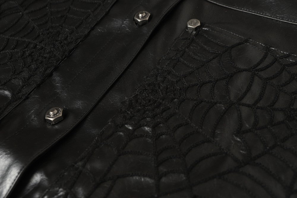 Shoulder-Pad Spider Web PU Leather Jacket Wide Leg Pants Setup WN27913
