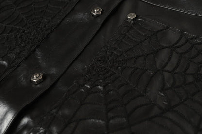 Shoulder-Pad Spider Web PU Leather Jacket Wide Leg Pants Setup WN27913