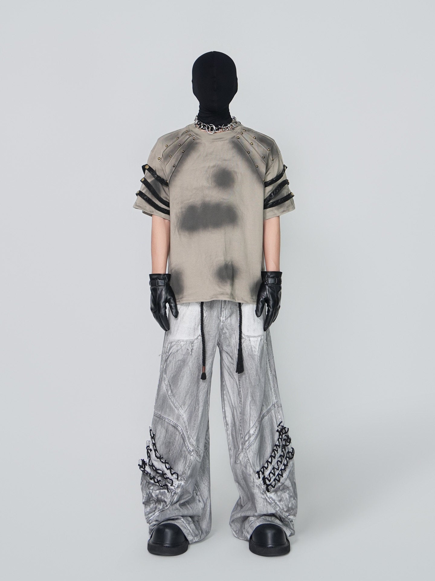 Washed Damage Studs Detail Strap Short Sleeve T-Shirt WN24315