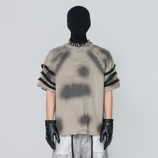 Washed Damage Studs Detail Strap Short Sleeve T-Shirt WN24315
