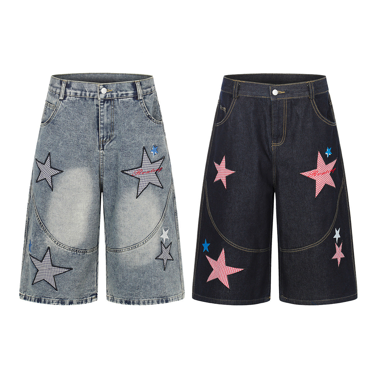 Star Patch Embroidery Denim Wide Leg Half Pants WN25693