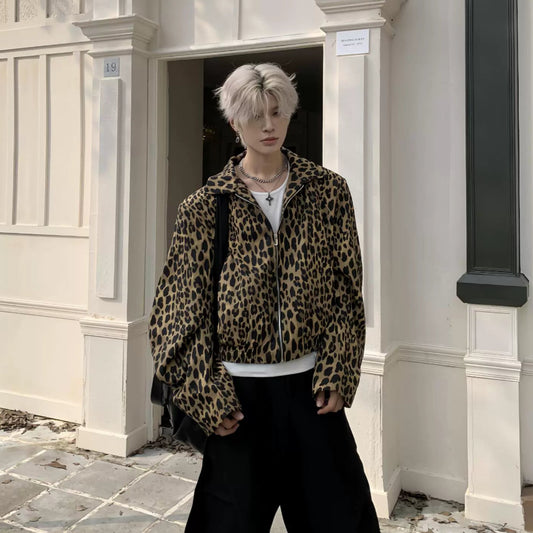 Leopard Print Curved Sleeve Short Zipper Jacket WN19916