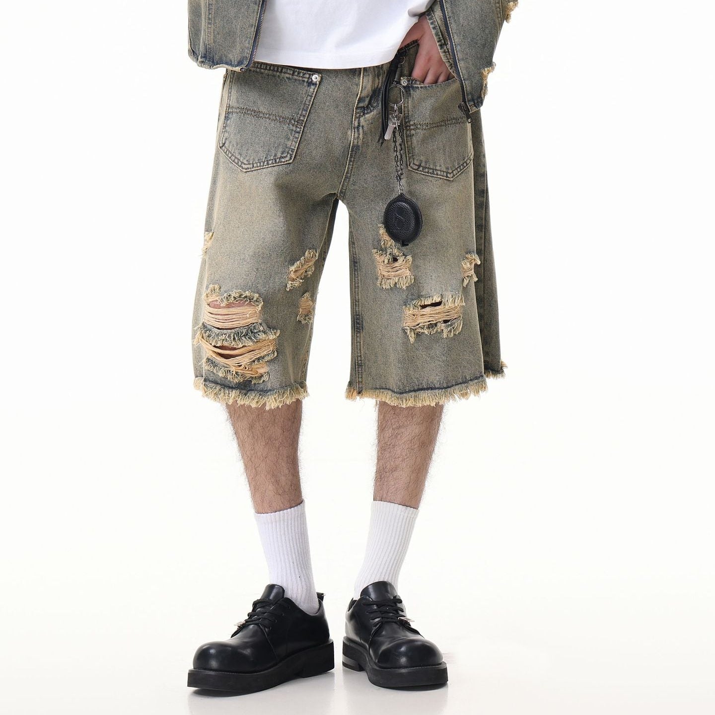 Washed Damage Wide Leg Denim Short Pants WN25596