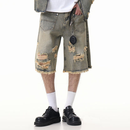 Washed Damage Wide Leg Denim Short Pants WN25596