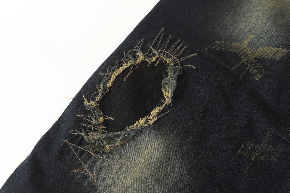 Damage Paint Graphic Wide Leg Denim Jeans WN28083
