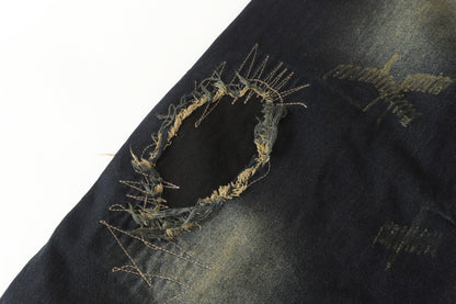 Damage Paint Graphic Wide Leg Denim Jeans WN28083