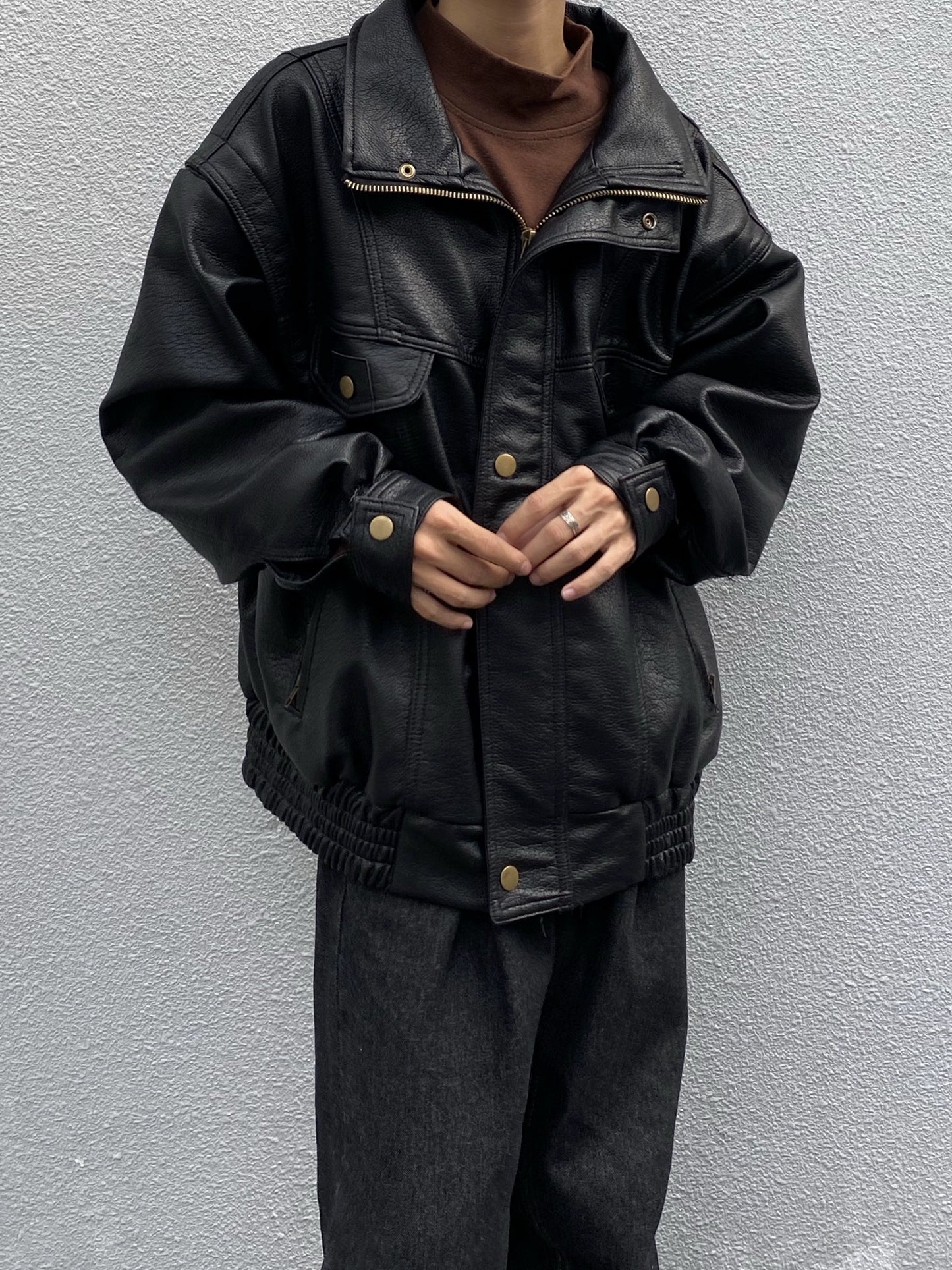 Lapel Oversize PU Leather Zipper Jacket WN19951