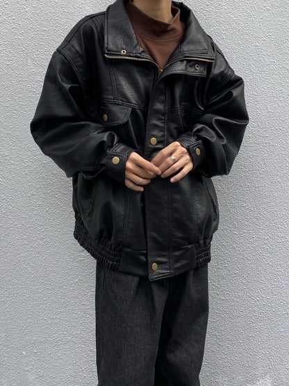 Lapel Oversize PU Leather Zipper Jacket WN19951