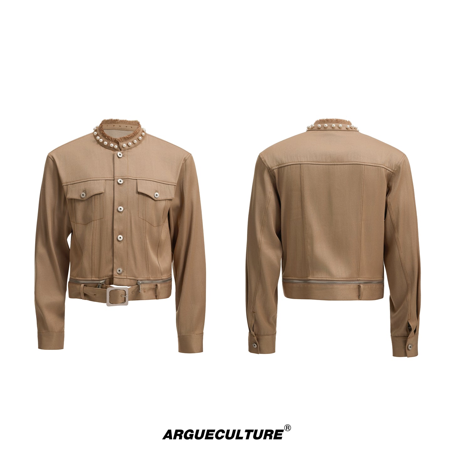 Pearl Detail Collarless Short Denim Jacket & Cargo Denim Jeans Setup WN20513