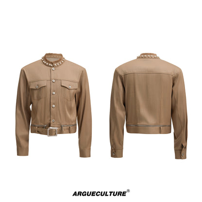 Pearl Detail Collarless Short Denim Jacket & Cargo Denim Jeans Setup WN20513